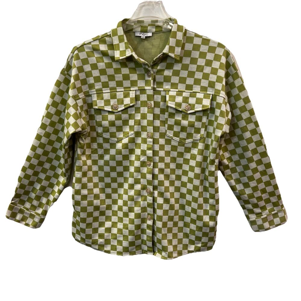 Polagram Women’s Large‎ Button Front Green Checkered Shacket Jacket Soft Stretch